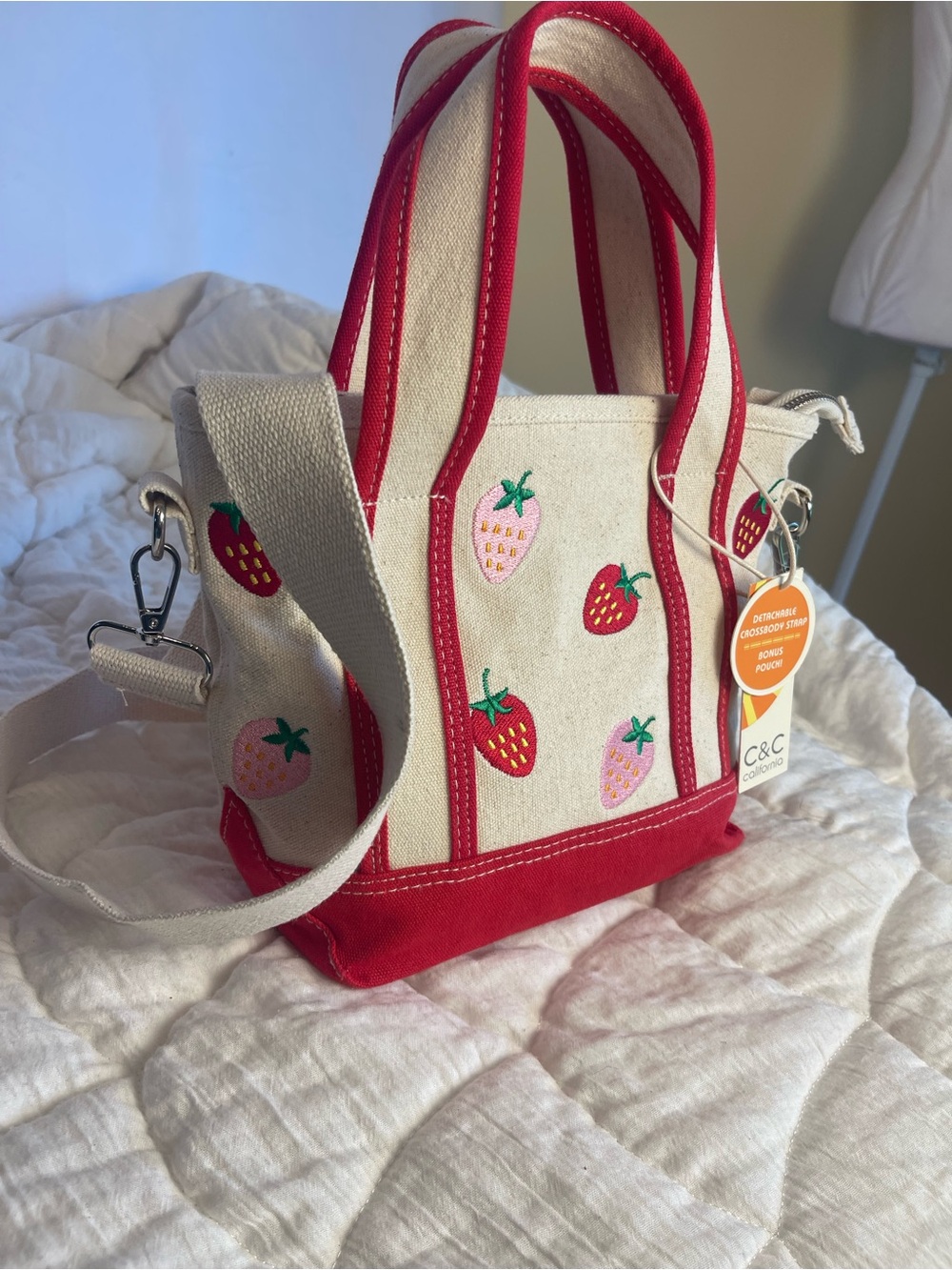 Strawberry Embroidered Canvas Tote Bag Crossbody Cottagecore Coquette Summer NWT - Picture 11 of 16